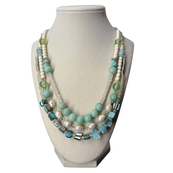 J. Jill Multi-Strand Necklace Aqua Ivory Layered Beaded Glass Pearl Ocean Sea - Picture 2 of 13